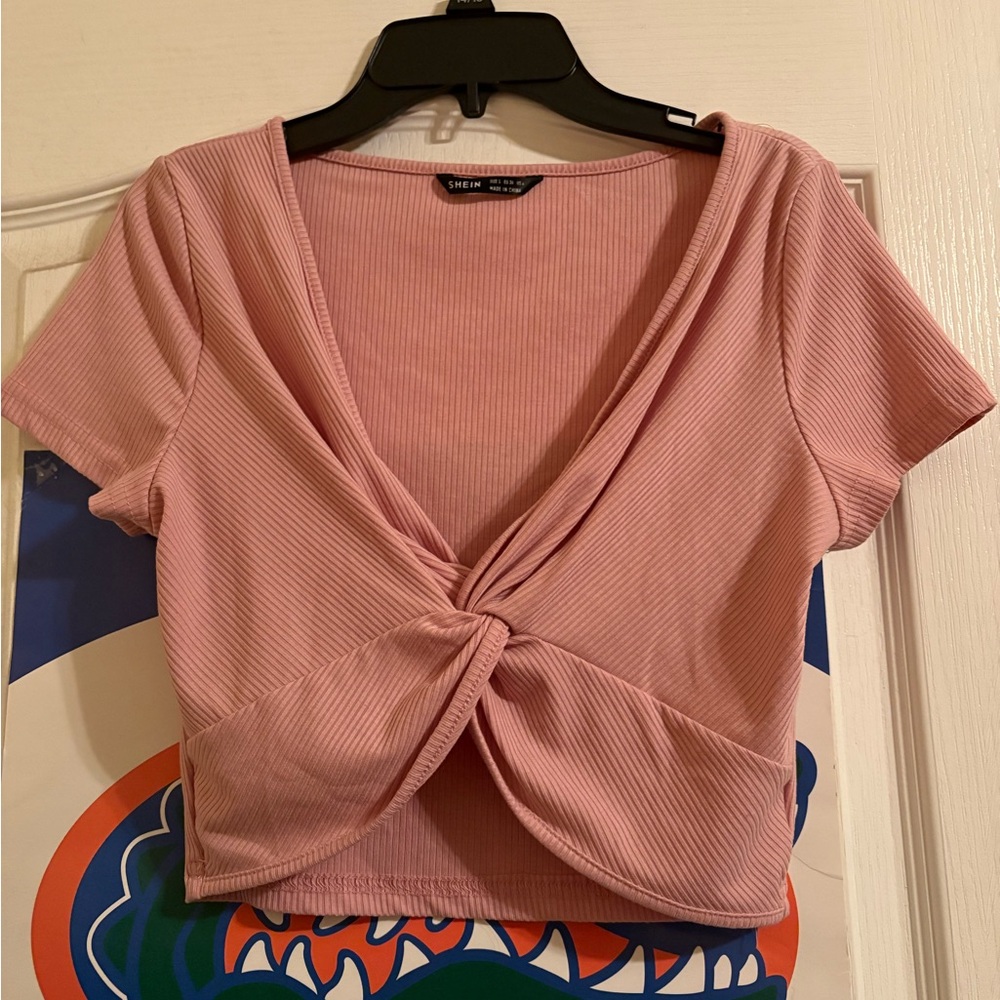 SHEIN Mauve Ribbed Knot Front Crop Top
